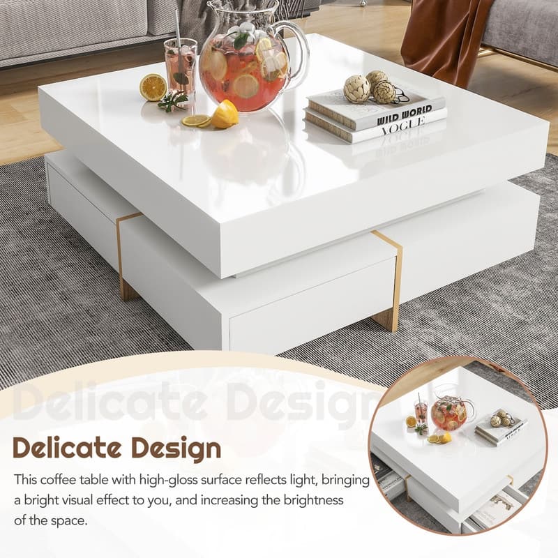 Modern Square Coffee Table with 4 Drawers, High Gloss Cocktail Tea Table with Wood Grain Legs, Accent Center Table