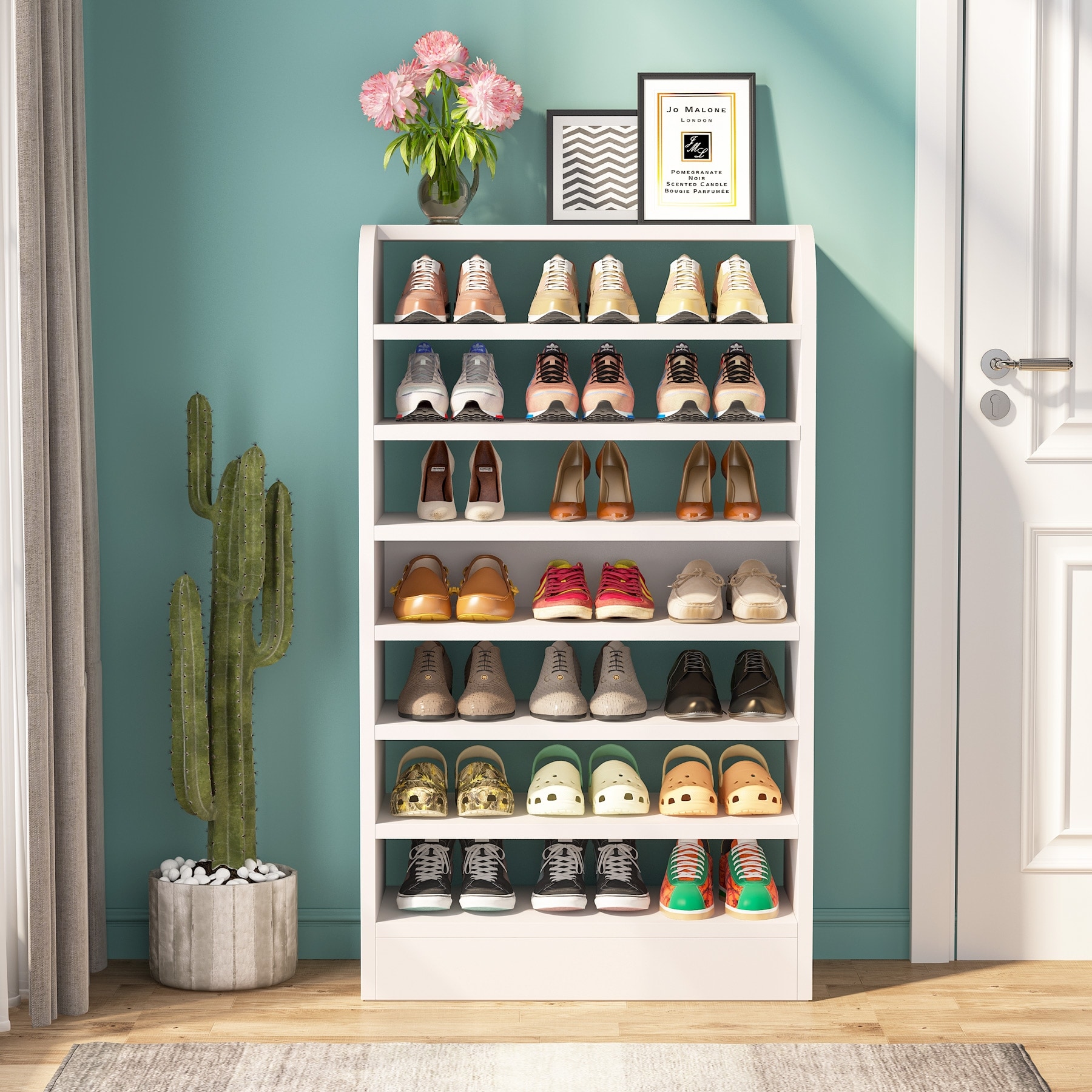 10-Tier Shoe Storage Cabinet, White Wooden Shoe Rack with 30 Cubbies