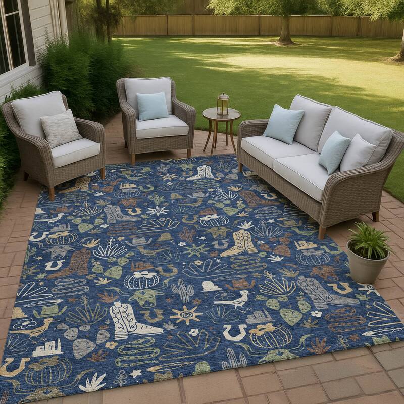 Machine Washable Indoor/ Outdoor Modern Ranch Chantille Rug - Navy - 5' x 7'6"