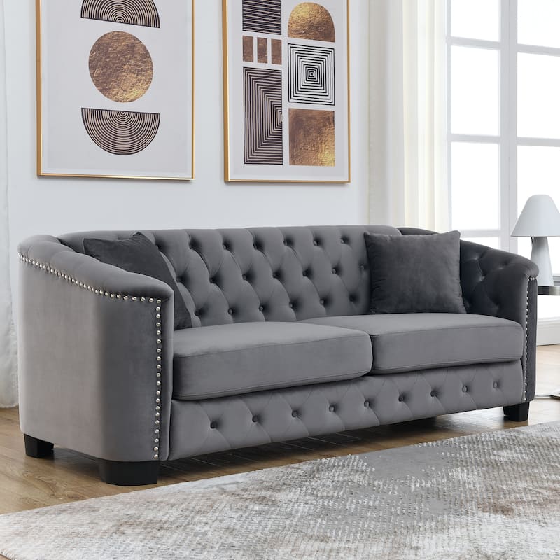 3 Seater Velvet Upholstered Sofa with Tufted Back and Nailhead Arms