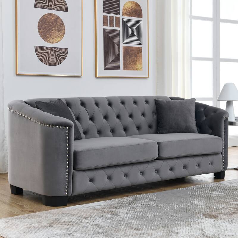 77-Inch Modern Chesterfield Velvet 3-Seater Sofa with Nailhead Arms and 2 Cushions (Grey)