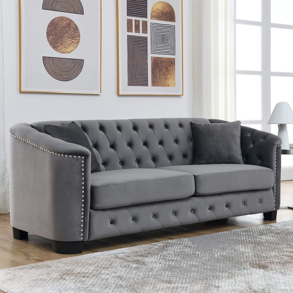 Velvet Chesterfield Upholstered Sofa, Lounge Sofa with Tufted Backrests, 3 Seater Sofa with Nailhead Arms & 2 Cushions