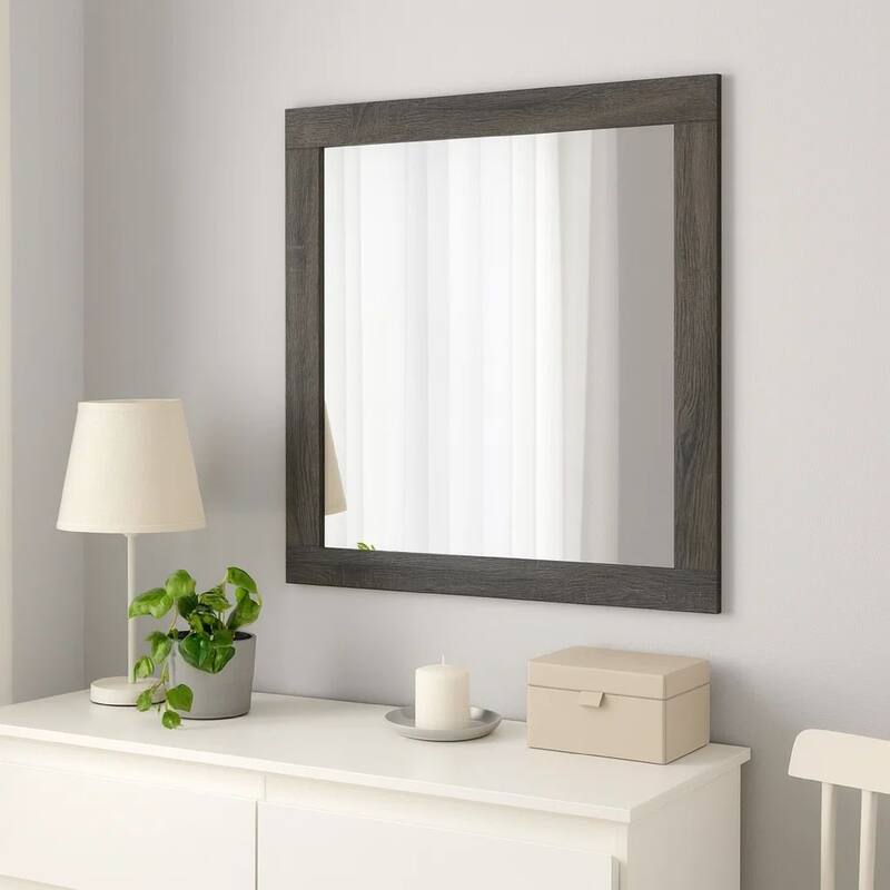 Transitional Style Grained Wood Encased Square Mirror, Gray