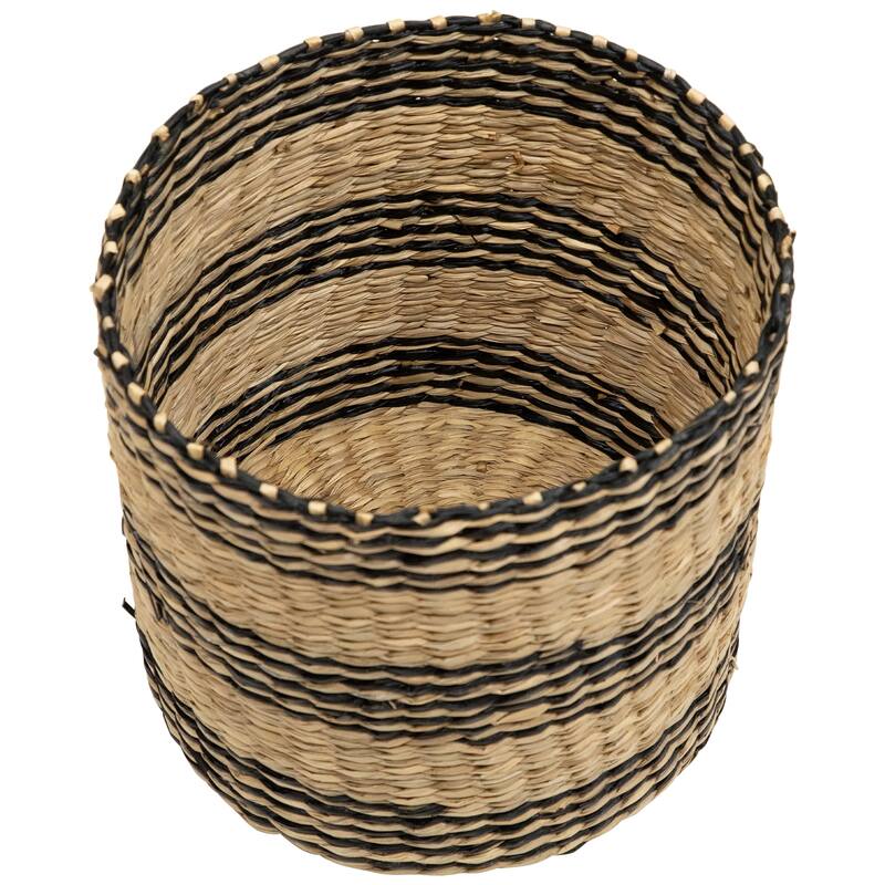 Set of 4 Beige and Black Striped Woven Round Seagrass Baskets 12" - 10.5