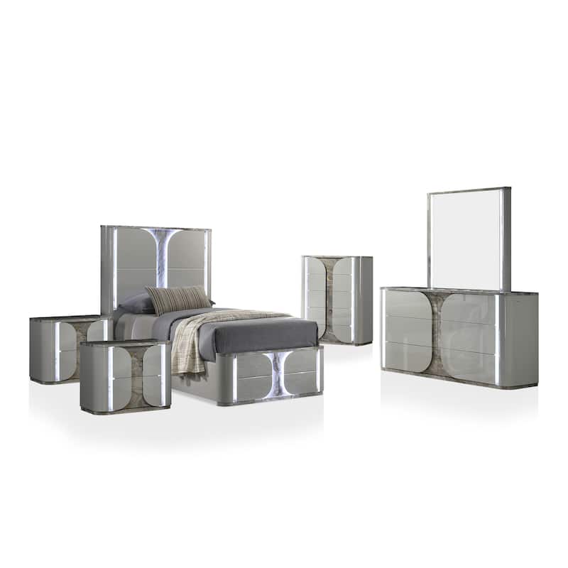 Furniture of America Sherri Modern 6-Piece Light Grey Solid Wood Kids Platform Bedroom Set with LED