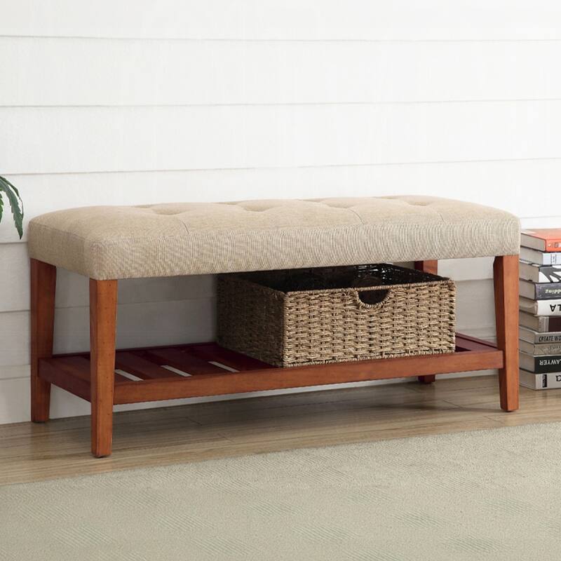 Fabric Upholstered Bench with Open Storage, Blue and Oak