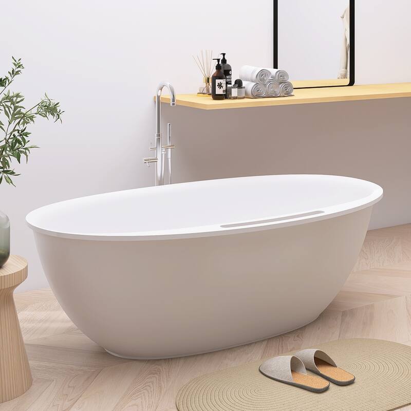 63/67 Inch Stone Resin Solid Surface Freestanding Soaking Bathtub with Center Drain in Matte White