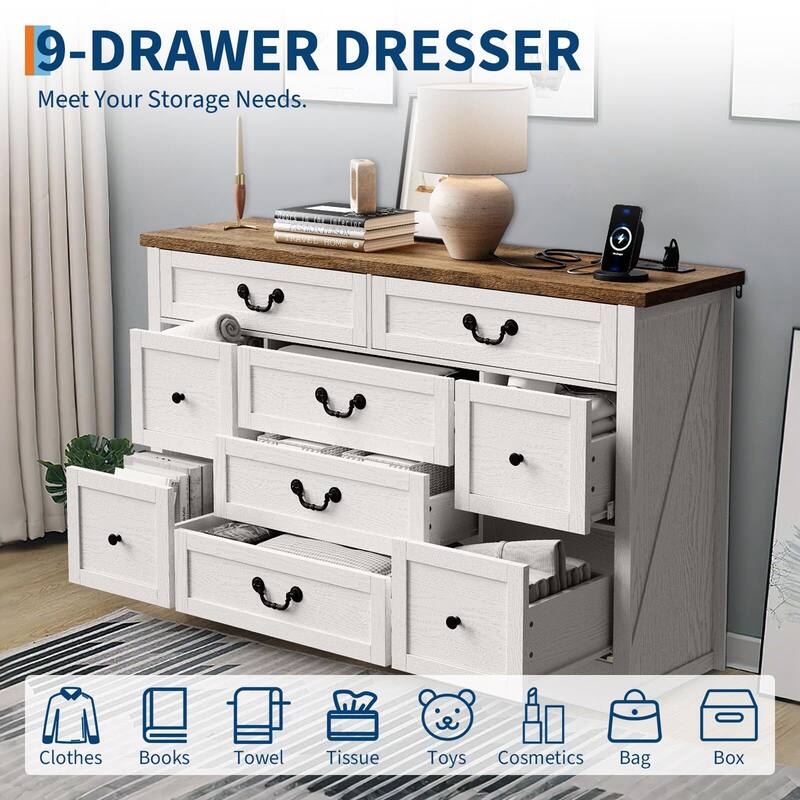 9 Farmhouse Dresser, with Charging Station & Metal Handle