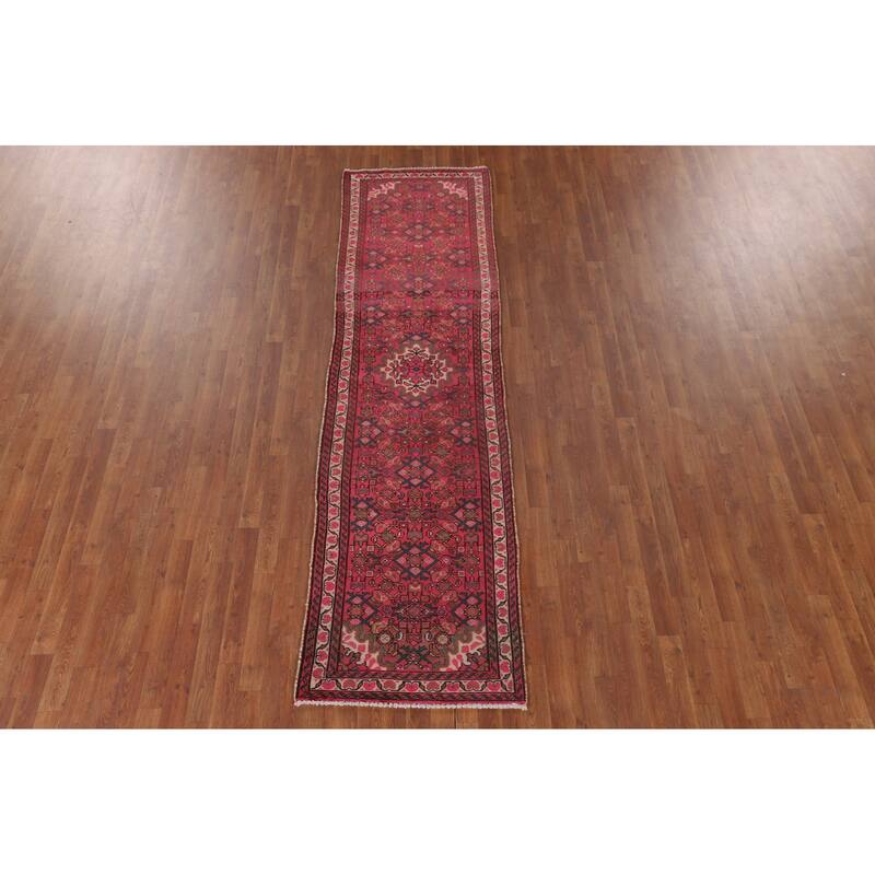 Fuchsia Hamedan Persian Vintage Runner Rug Handmade Wool Carpet - 2'7"x 9'10"