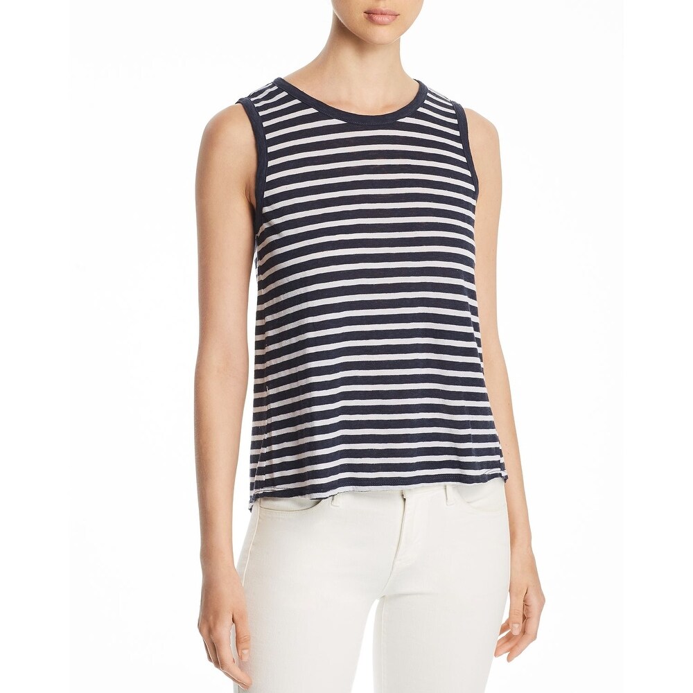 Three Dots Womens Linen Stripe Button Loose Short Tank