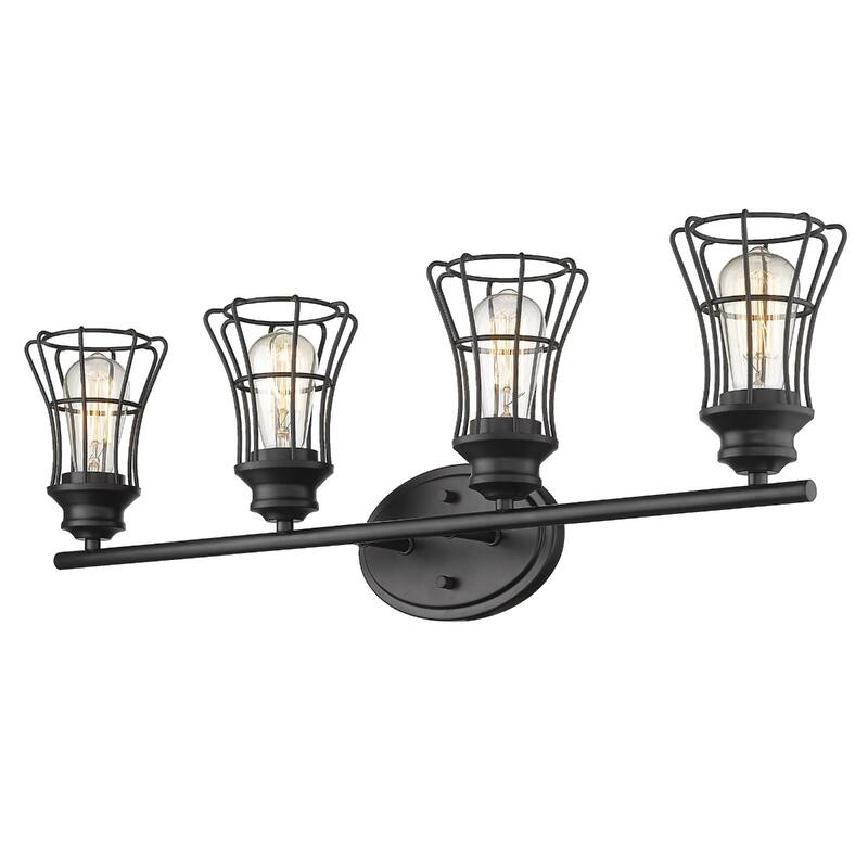 Modern 4-Light Vanity Wall Light in Matte Black with Metal Cage Shades and E26 Base Damp Rated - 9.25"H x 32.25"W x 6.25"D