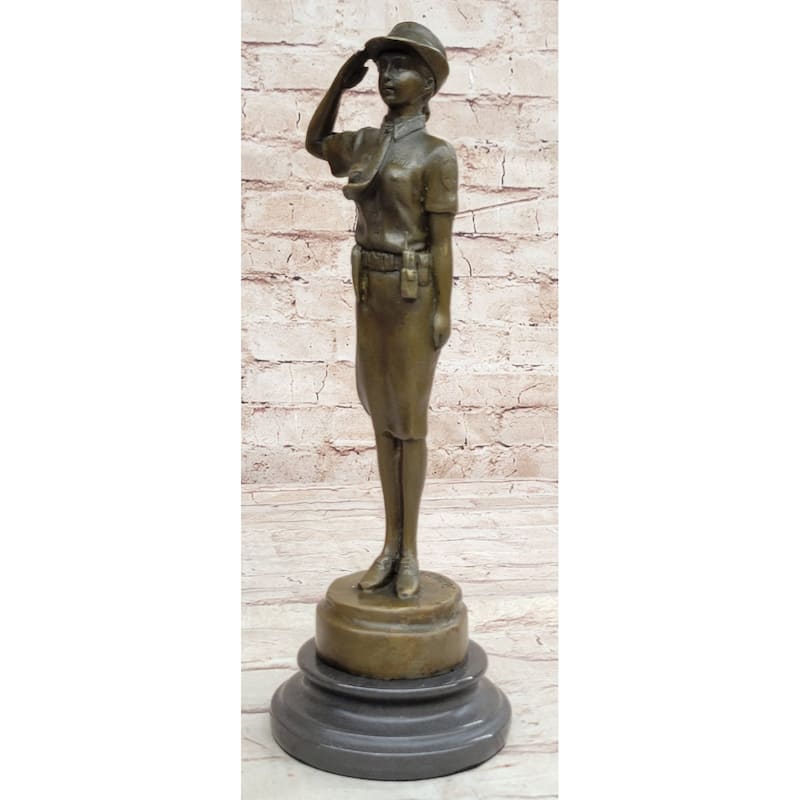 Hot Cast Bronze Figure Sculpture Female Cadet Soldier Officer On Marble Base