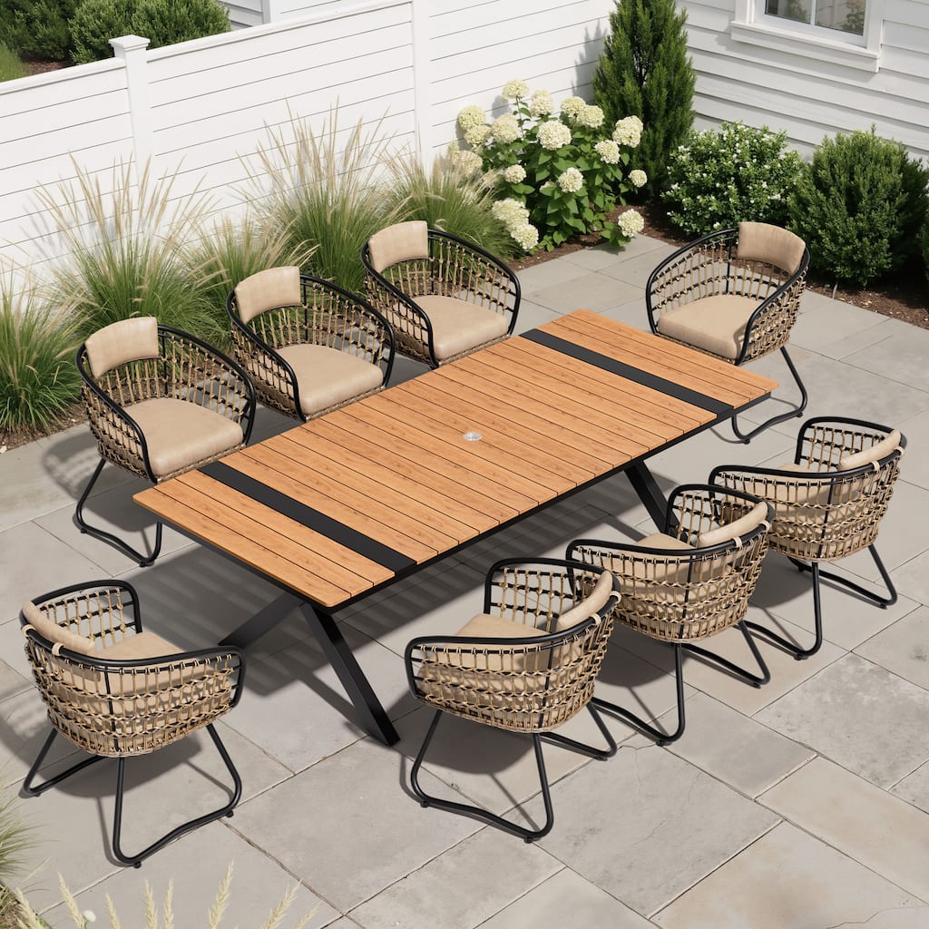 9PC Outdoor Patio Aluminum Dining X Frame Table and Rattan Chairs Set with Umbrella Hole