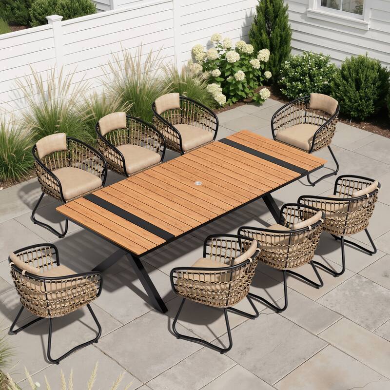9PC Outdoor Patio Aluminum Dining X Frame Table and Rattan Chairs Set with Umbrella Hole - BrownTable&BeigeChairs