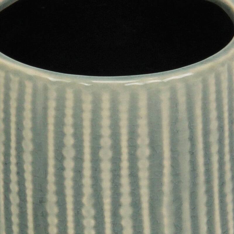 HomeRoots Green Ceramic 25 Ounce Striped Round Distressed Pot Planter - 4.75 in. x 4.25 in. x 4.75 in.