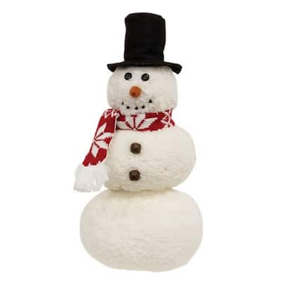 14" Sherpa Snowman with Rusted Jingle Bells and Top Hat Festive Winter Tabletop Christmas Decoration - 14" H x 6.5" W x 5.5" D