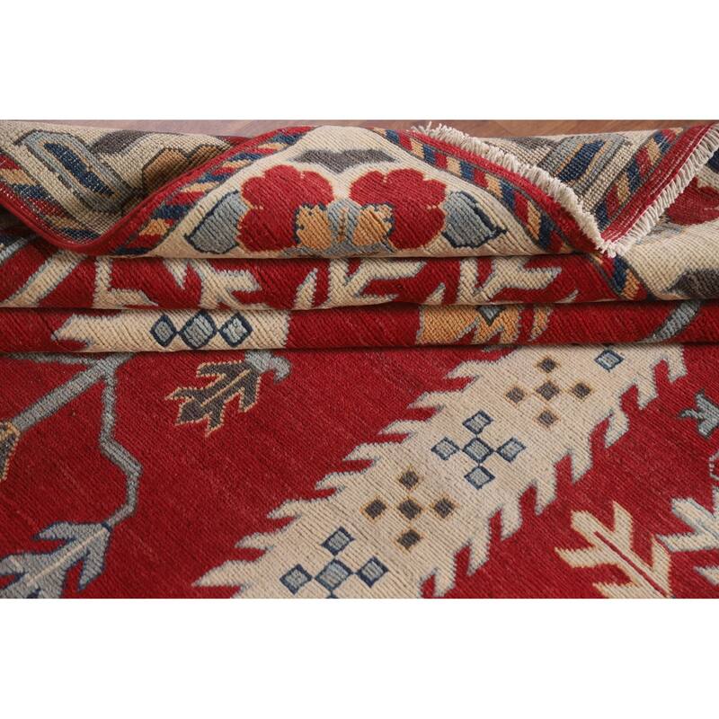 Hand Knotted Oriental 100% Wool Carpet Traditional Geometric Red Kazak Area Rug - 9' 10'' X 6' 10''