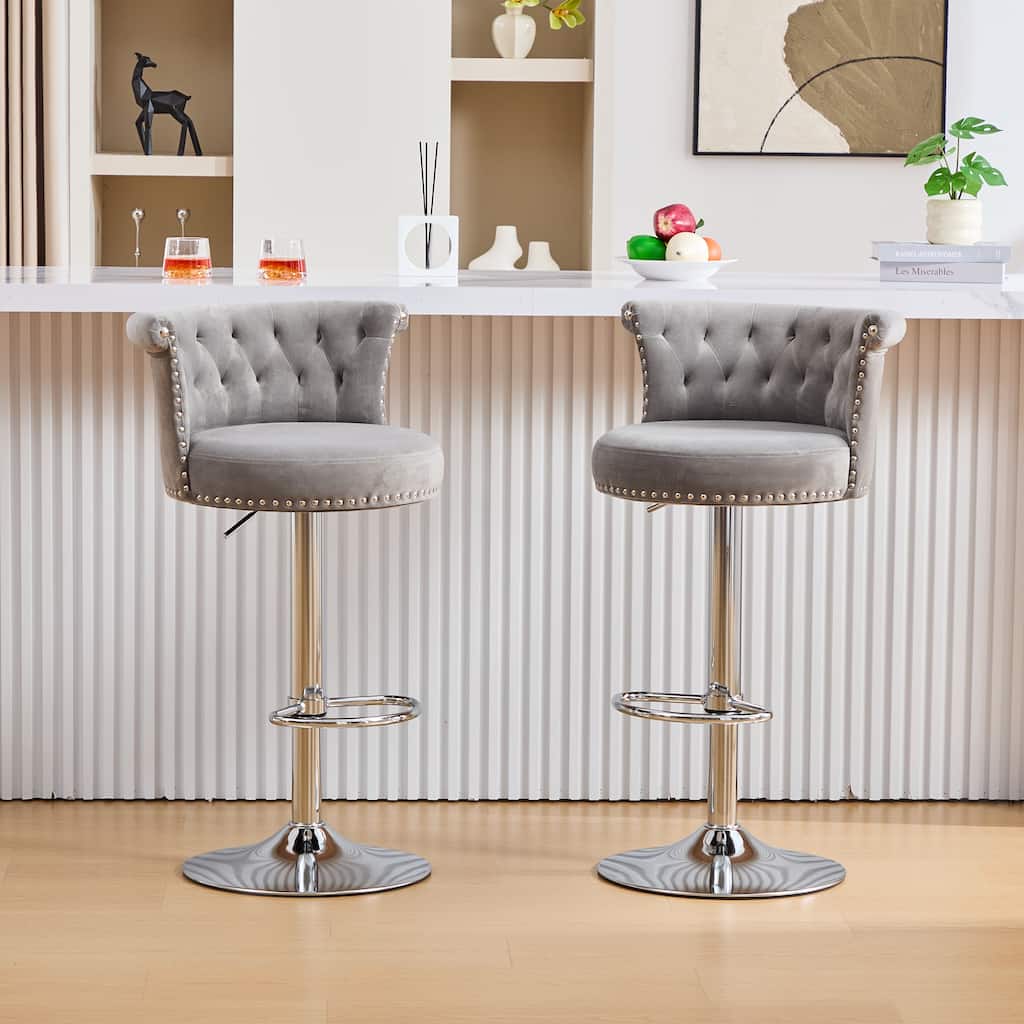360° Swivel Bar Stools Set of 2 Adjustable Velvet Accent Chairs with Footrest Base, Button Tufted and Barrel Curved Backrest