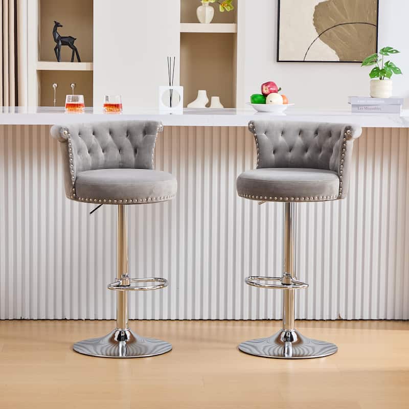 Velvet Bar Stool Set of 2, Adjustable Swivel Bar Stools with Silver Plated Metal Leg, Chrome Nailhead, Counter Height Chair - Gray