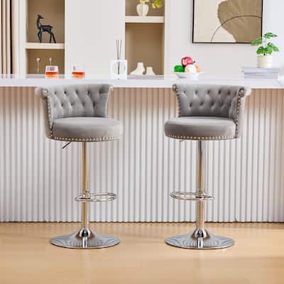Velvet Upholstered Bar Stool Set of 2, Adjusatble Height Swivel Bar Stools, Dining Chairs with Curved Backrest & Footrest