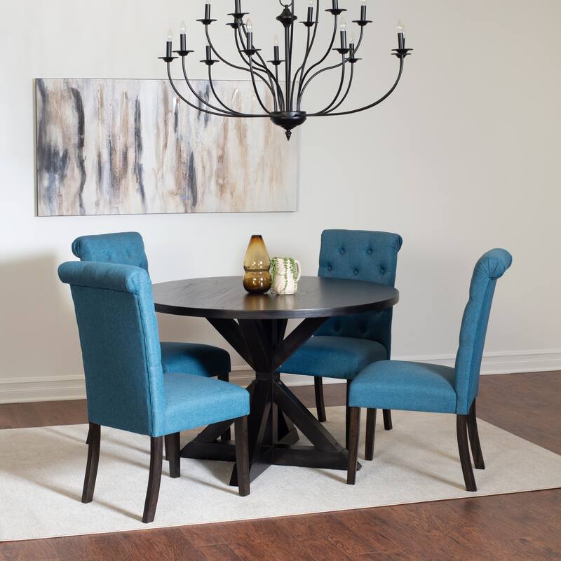 Dining Set with Cross-Buck Pedestal Table & 4 Blue Upholstered Chairs