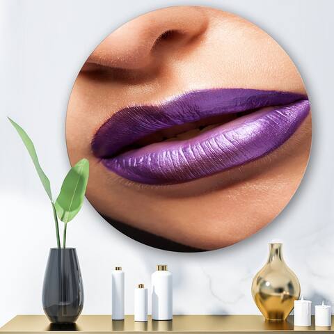 Designart 'Close Up View of Woman Lips With Purple Lipstick' Modern Metal Circle Wall Art