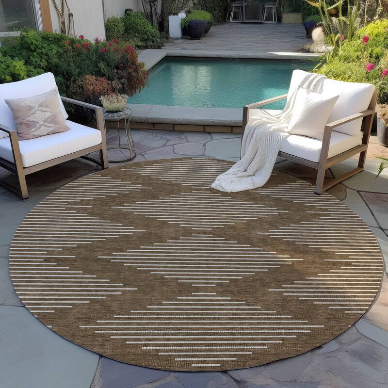 Machine Washable Indoor/ Outdoor Modern Stripe Chantille Rug - Brown - 8' x 8'