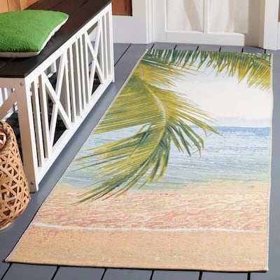 SAFAVIEH Barbados Egzona Tropical Indoor/ Outdoor Waterproof Patio Backyard Rug - Gold/Blue - 2'8" x 10'5" Runner
