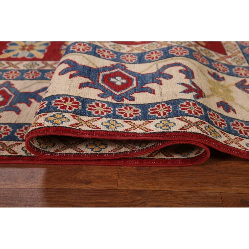 Red Geometric Kazak Oriental Area Rug Handmade Wool Carpet - 9'0"x 11'11"