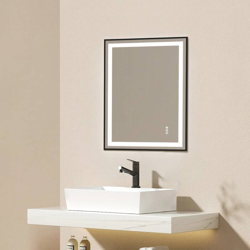 Topcraft Black Framed Tempered Glass Mirror with Dual LED Strip Lighting