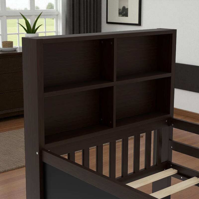 Twin/Full Solid Wood Platform Bed with Chalkboard Headboard, Storage Drawers and Shelves, Space-Saving Kids Bed