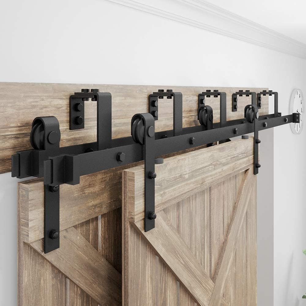 WINSOON 5-16FT Bypass Sliding Barn Door Hardware Kit for Double Doors J Shape Hangers
