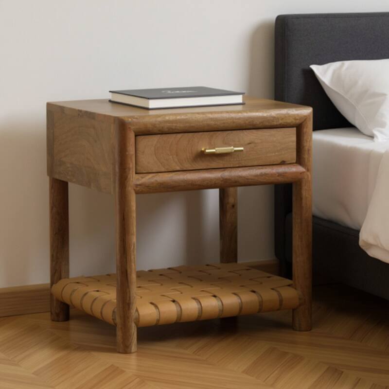 HomeRoots 20" Light Brown Solid Wood One Drawer Nightstand With Leather Shelf - Light Brown - 1-drawer
