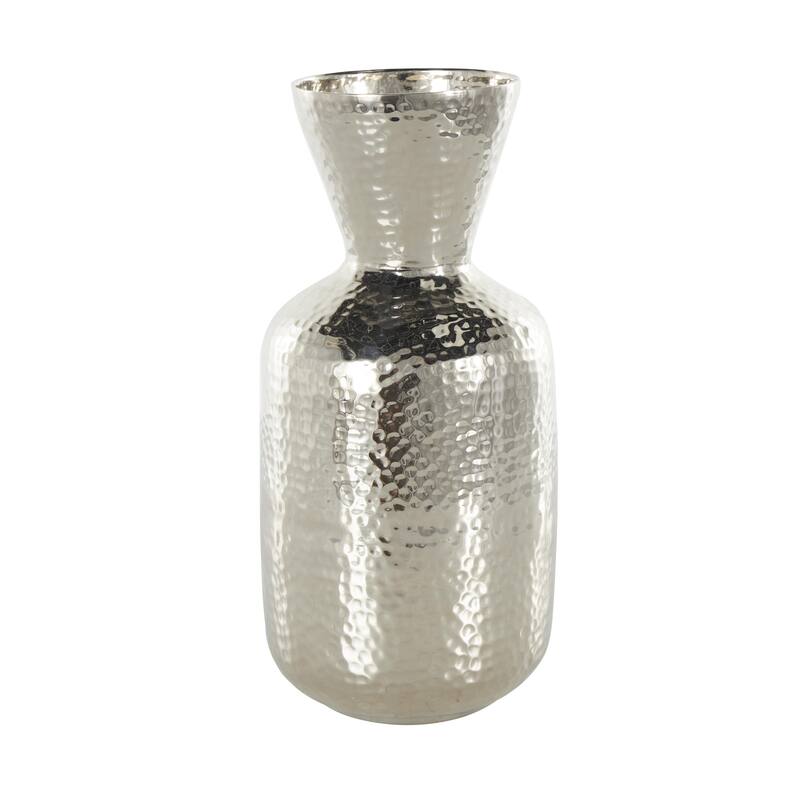 Silver Aluminum Metal Hammered Decorative Vase with Cone Shaped Opening