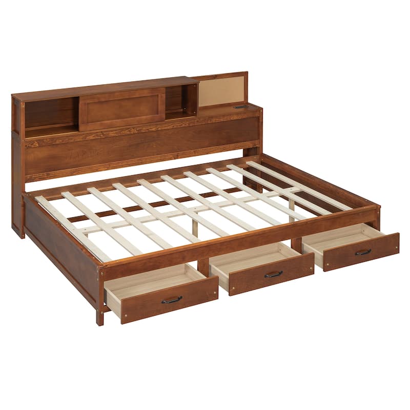 Full Size Wooden Daybed with Storage Drawers, USB Ports, and Shelf in Walnut