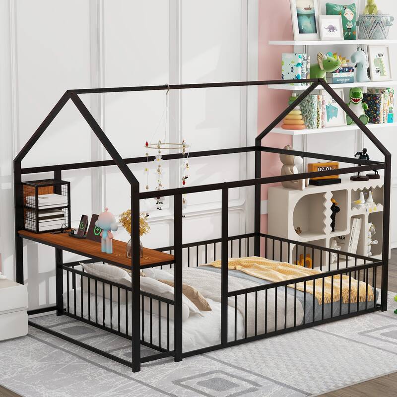 Full Size Metal Bed House Bed Frame with Desk, Shelves, Power Outlets and USB Ports, Black