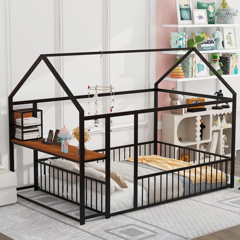Full Size Metal House Platform Bed Frame with Built-In Desk, USB Charging And Storage Shelves - Black