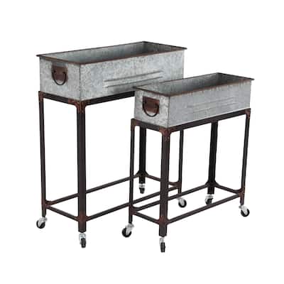 Metal Indoor Outdoor Planter with Removable Rolling Stand - Set of 2 Gray - Roche River Decor