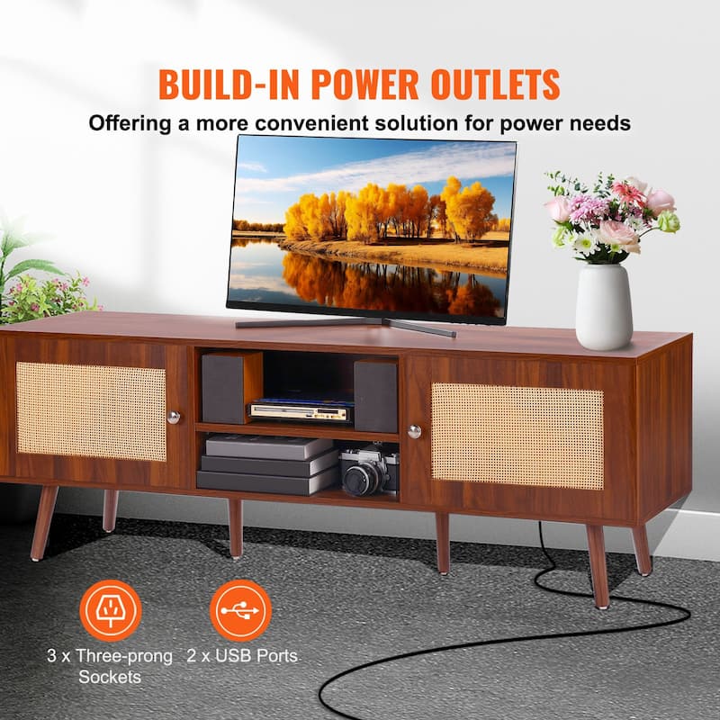 Modern Rattan TV Console for 65 Inch TV with Built-in Power Outlet - 55.1 x 15.8 x 19.7in