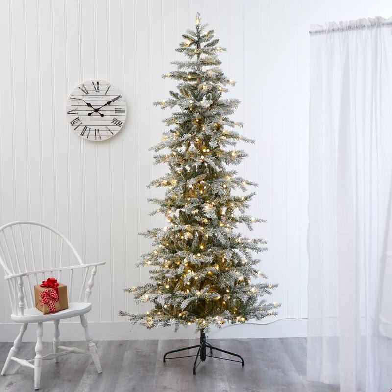 7.5ft. Slim Flocked Spruce Artificial Christmas Tree with 450 Warm White LED Lights & 909 Branches - Snowy Holiday X-Mas Glow