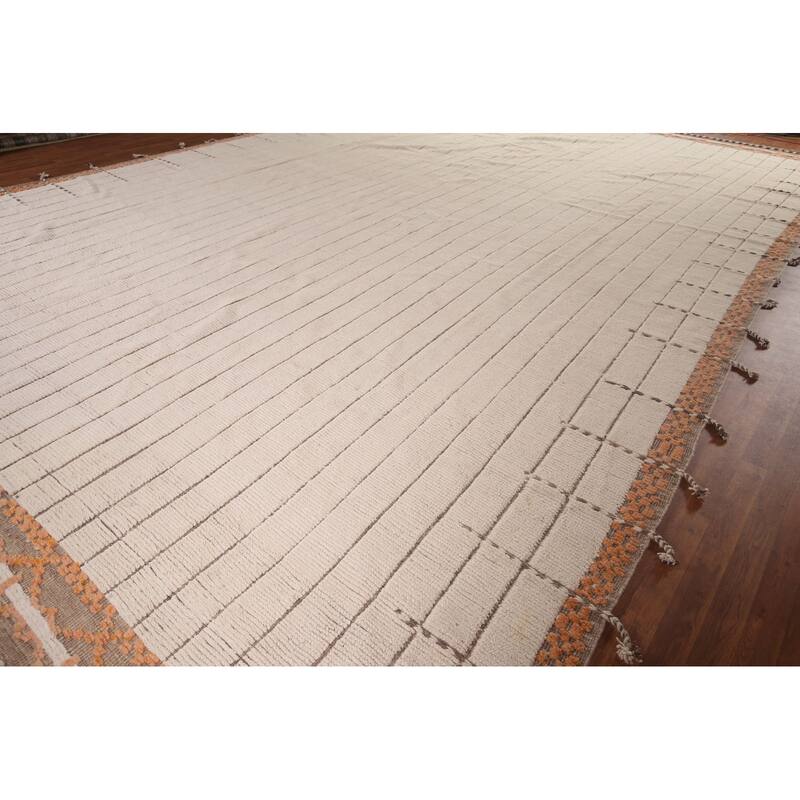 Striped Ivory Moroccan Palace Size Large Rug Hand-Knotted Wool Carpet - 14'2"x 21'6"