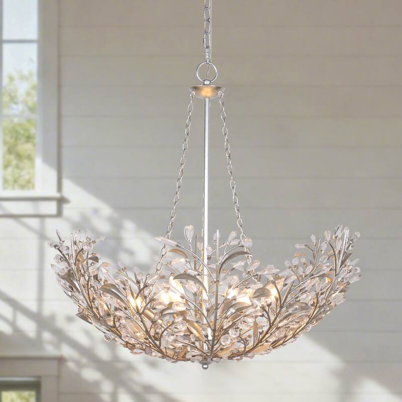 Stillbloom 6-Light Antique Silver Foil Metal Crystal Floral Chandelier - Antique Silver - Dia. 28.1" x H 29.5"
