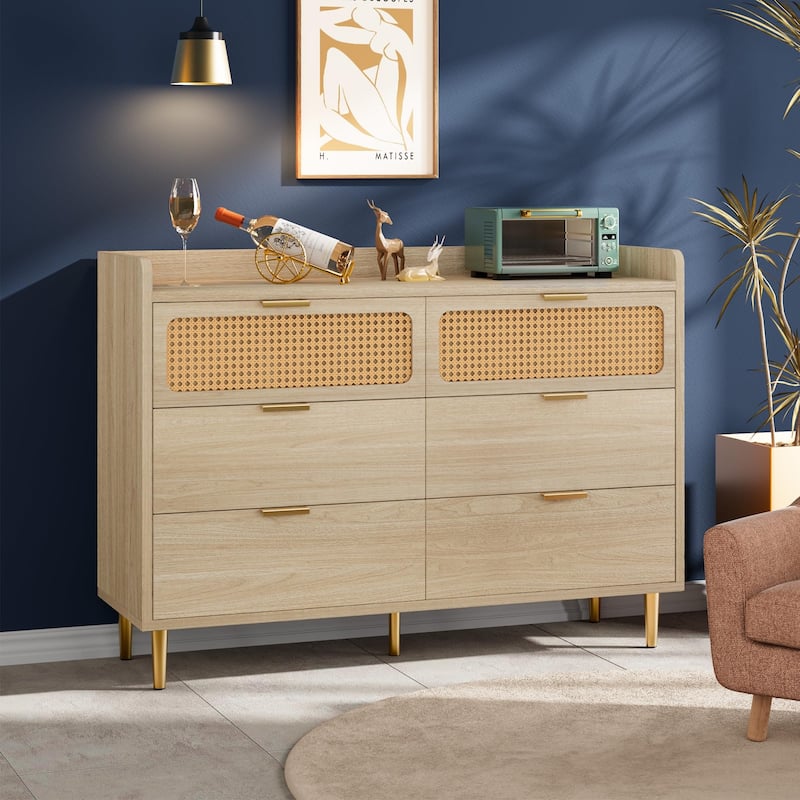 6 Drawer Double Dresser for Bedroom, Modern Chest of Drawers with Rattan Accents & Metal Legs