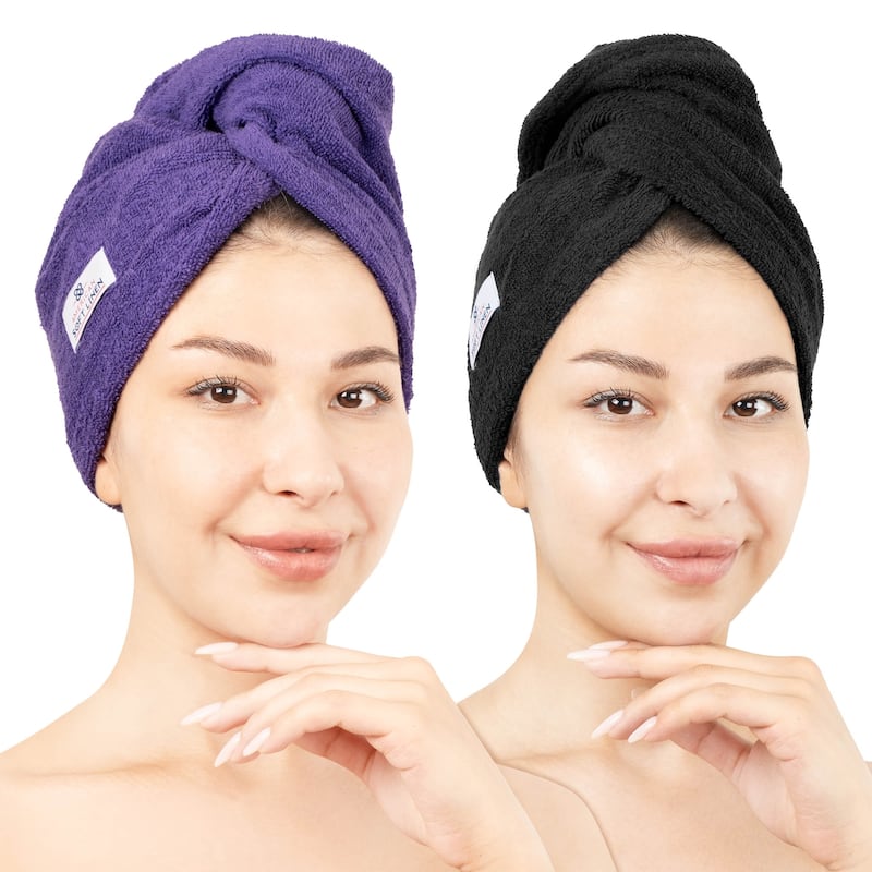 American Soft Linen 100% Cotton Hair Drying Towels for Women, Cotton Hair Turban Turkish Towel Wrap, Head Towel Cap for Hairs - Purple and Black