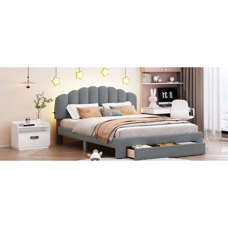 Teddy Fleece Queen Size Upholstered Platform Bed with Drawer