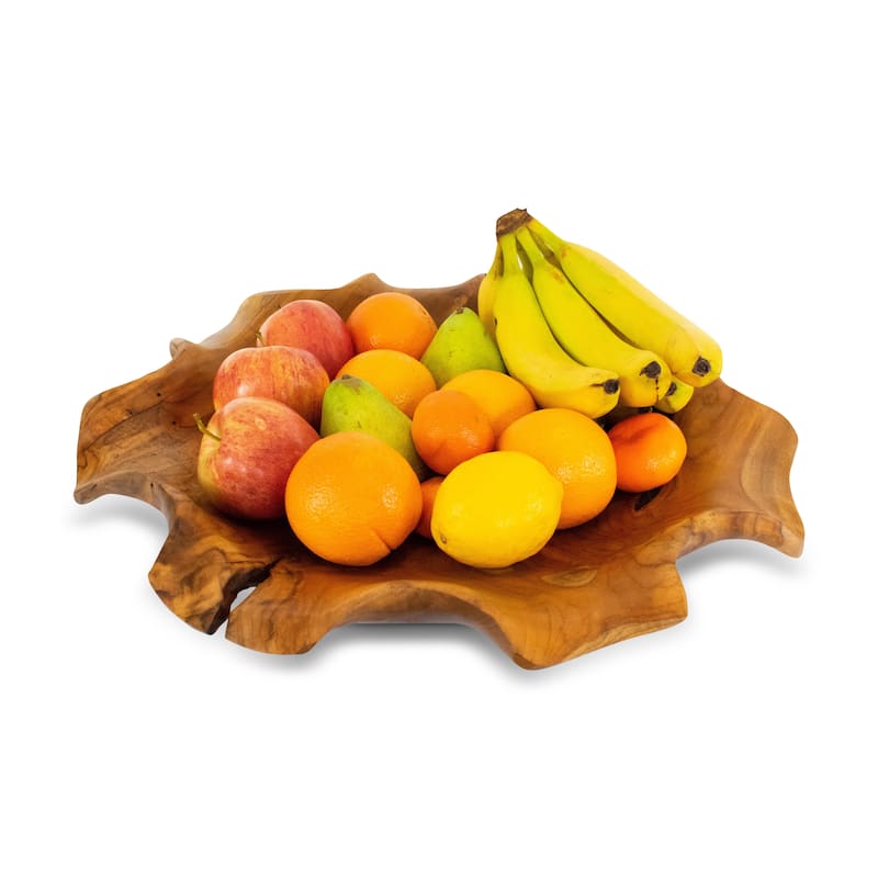 20" Solid Wood Decorative Fruit Bowl - Hand Carved Rustic Serving Tray, Natural Wood Centerpiece - 20" diameter x 3" tall