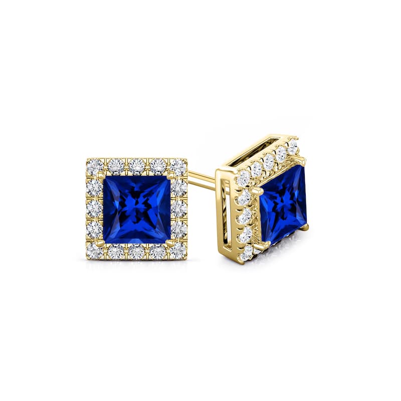 Auriya 14k Gold Lab Grown Gemstone Blue Sapphire Stud Earrings Princess 0.25 to 5.00 ct. tw. Halo Push-Back