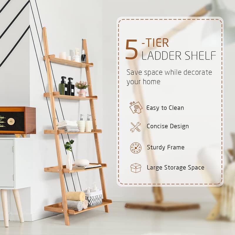 Costway 5-Tier Ladder Shelf Bamboo Bookshelf Wall-Leaning Storage - See Details