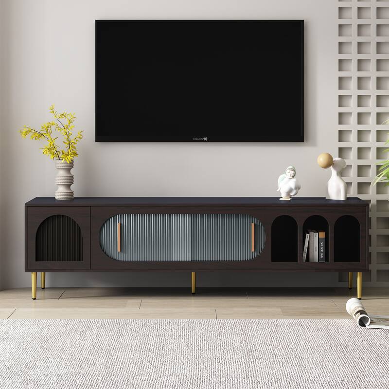 Modern TV Stand for 70+ Inch TV, Entertainment Center TV Media Console Table, with 3 Shelves and 2 Cabinets