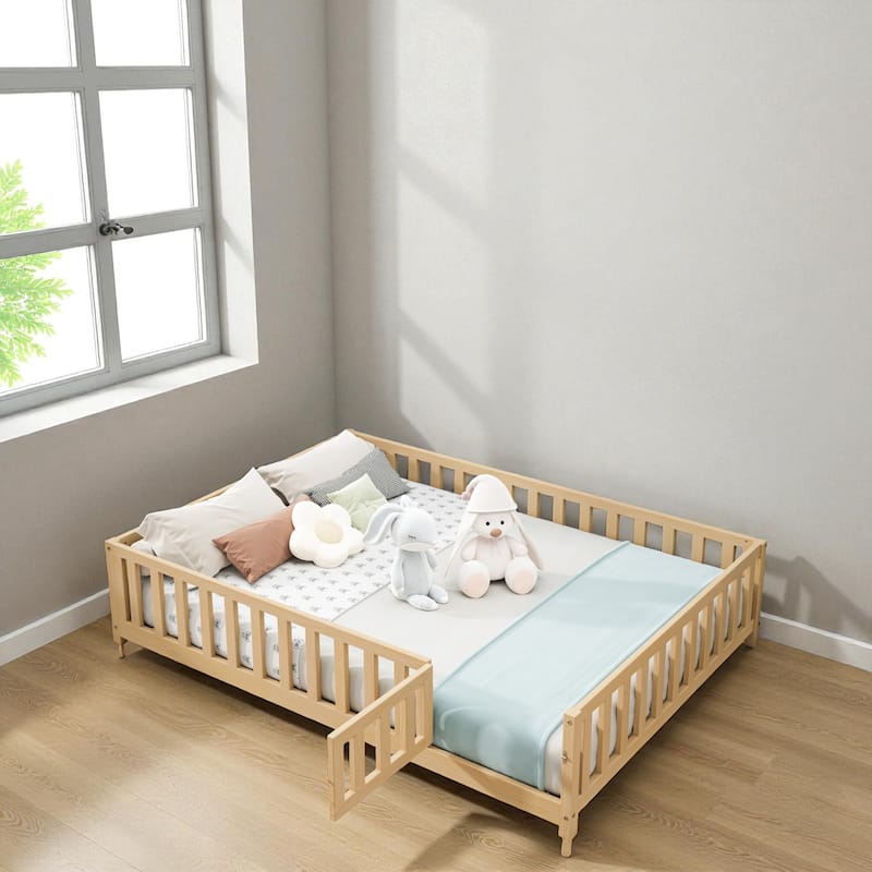 Full Size Montessori Floor Bed with Fence and Door, Solid Wood Platform Bed with Slats for Kids and Toddlers